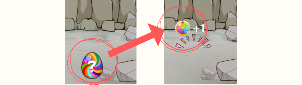 ポイすらの虹色たまごからラッキールーレットが現れる様子
